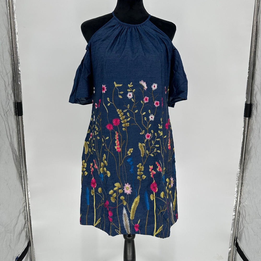 London Times Blue Chambray Floral Embroidery Cold Shoulder Dress US 6 Small